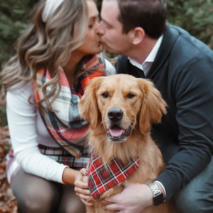 Couple cuddling with their dog during a relaxed family portrait session.