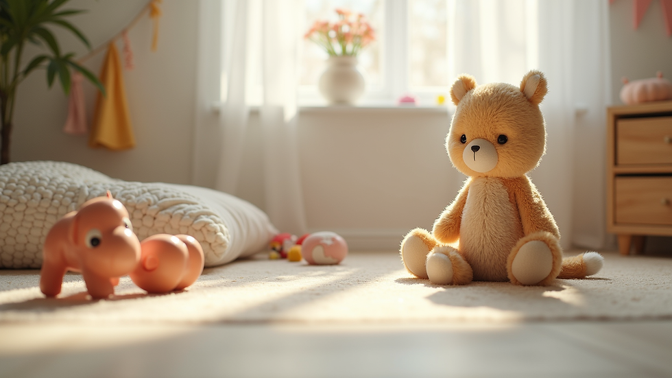 Eye-level view of a cozy infant play area with soft toys and natural light