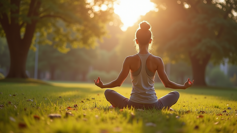 Eye-level view of a person practicing yoga in a serene park