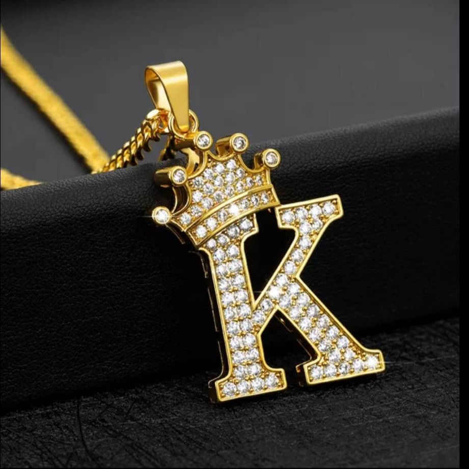 Thumbnail: Unisex Initial  Crown Letter Crystal Zircon Pendant Necklaces