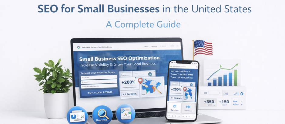 3D minimalist illustration representing SEO for small businesses in the United States, highlighting local SEO, keywords, content strategy, and organic growth – Maria Delgado Official