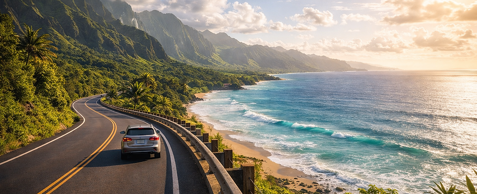 A panoramic scenic lookout in Hawaii featuring sweeping ocean views, lush green valleys, dramatic mountain ridges, and warm golden sunset light.
