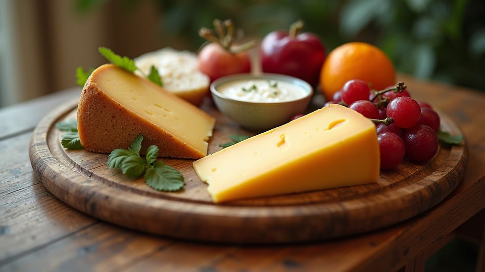 High angle view of a luxury grazing board with assorted cheeses and fruits