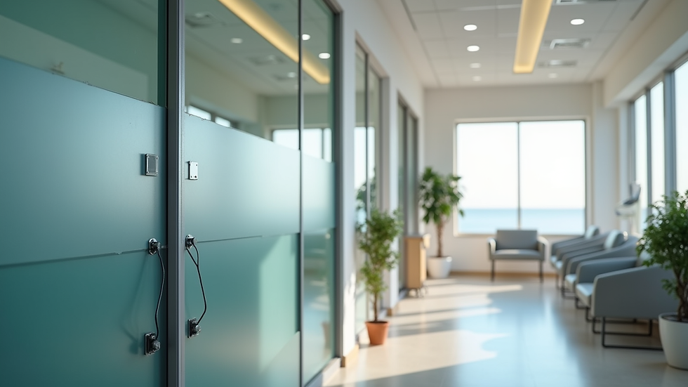 Eye-level view of a dental clinic reception area with clear signage