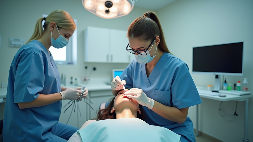 Eye-level view of a dental clinic with a locum nurse assisting a patient