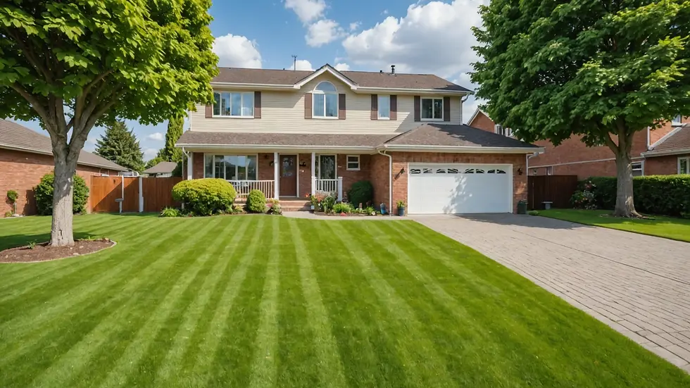 Wide angle view of a suburban house with a well-maintained lawn