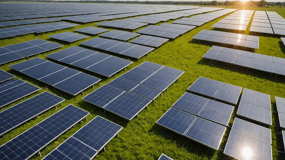 Close-up of solar panels reflecting sunlight in a vast field