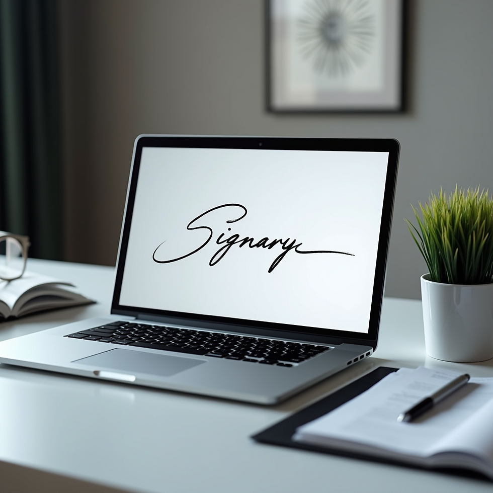 Laptop screen displaying a digital signature on a document, representing secure Remote Online Notarization services.