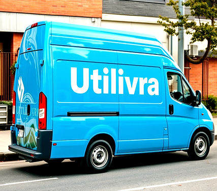 Une camionnette de livraison bleue avec l'inscription Utilivra