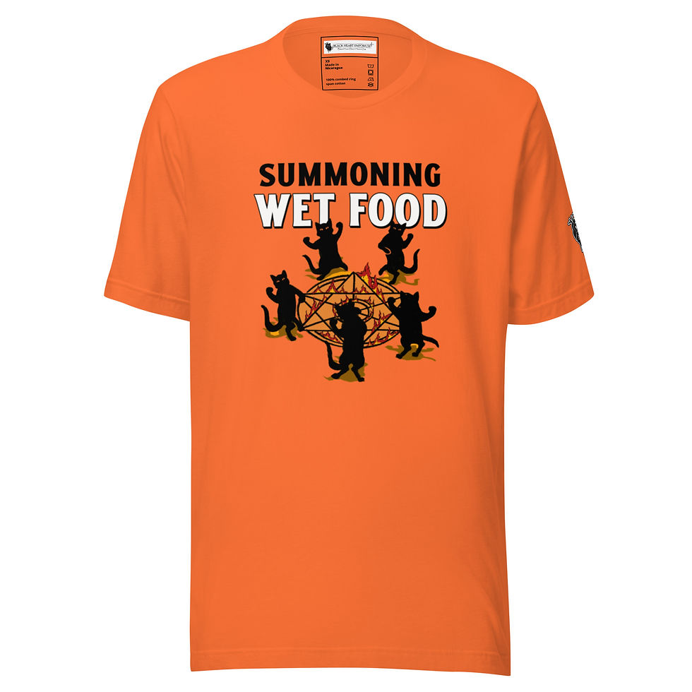 Witchy orange occult summoning circle cat t-shirt Front View