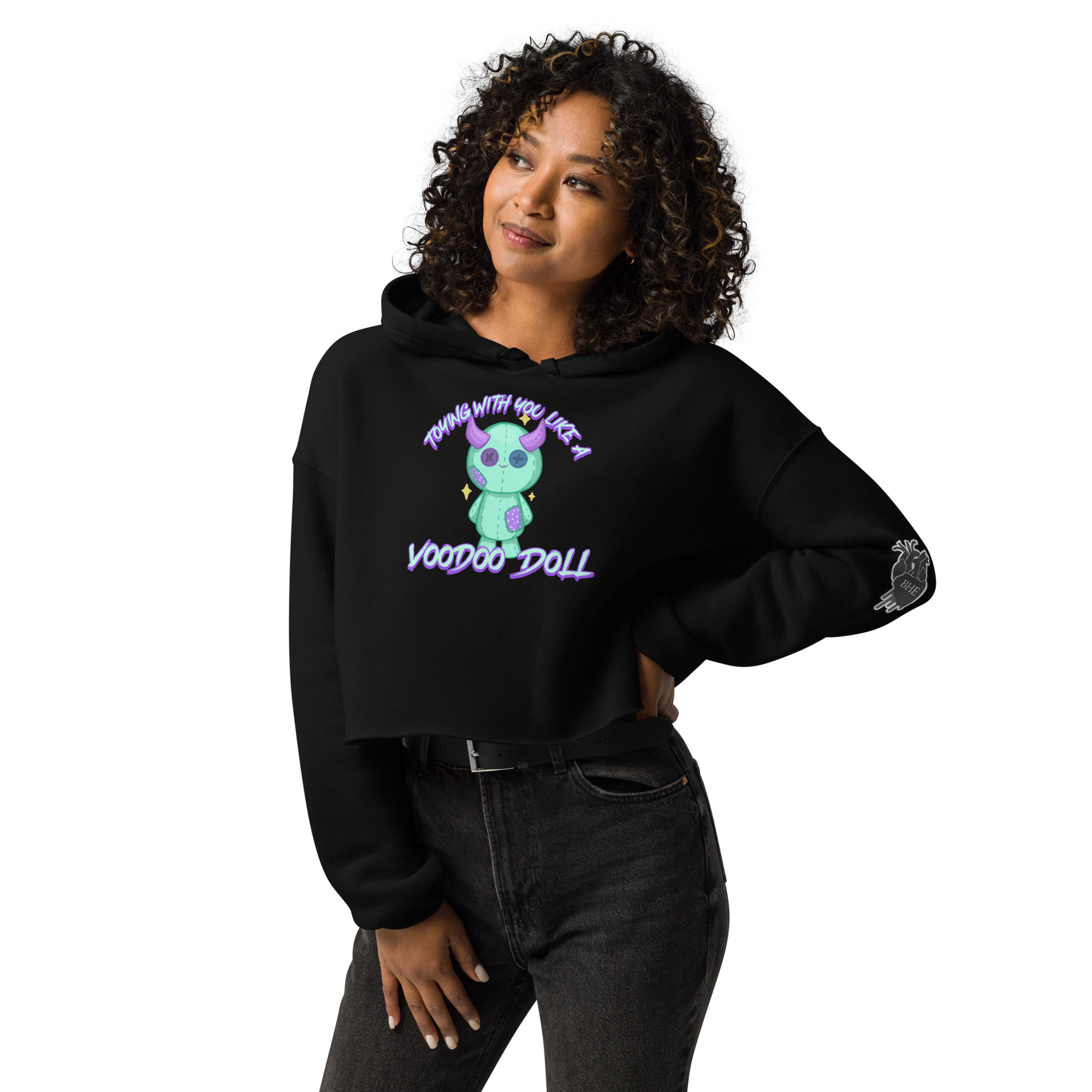Girl wearing Pastel Goth black Voodoo doll occult hoodie front view