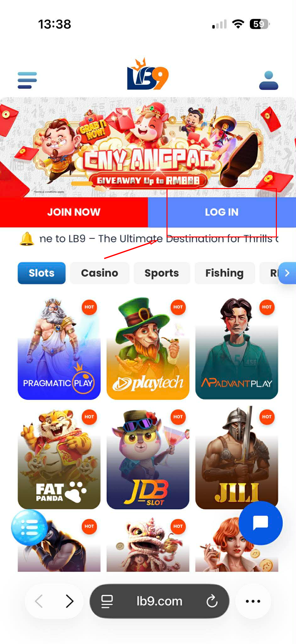 Website screenshot of LB9 with cartoon characters, text "CNY Angpao Giveaway Up to RM888," and options for slots, casino, and sports.