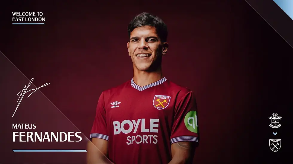 Smiling soccer player in a maroon West Ham jersey. “Welcome to East London” text. Dark red background, relaxed mood.