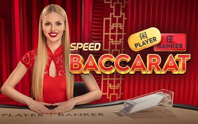 Smiling woman in red sits at a casino table with "Speed Baccarat" text. Red background, cards in holder, "Player," "Banker" labels visible.