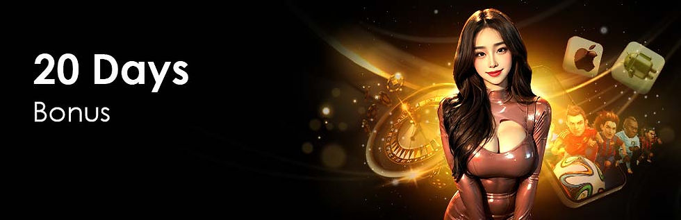 Woman in shiny dress on right, surrounded by glowing effects and gaming icons. "20 Days Bonus" text on left. Dark background.