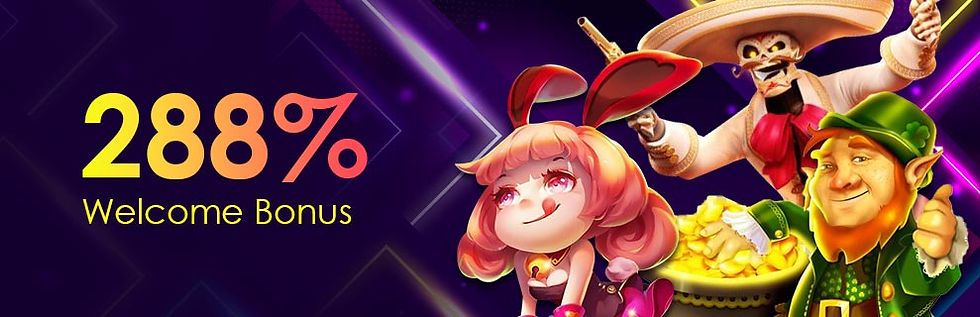 Colorful casino-themed image with characters: a pink-haired girl, a skeleton, and a leprechaun. 288% Welcome Bonus text on a dark background.