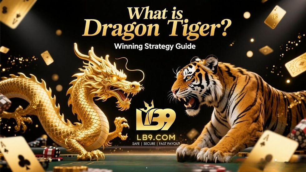 Golden dragon and tiger facing off against a black background with floating cards. Text: "What is Dragon Tiger? Winning Strategy Guide," "LB9.COM."