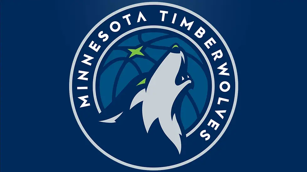 White wolf silhouette howling against a blue basketball background, encircled by "Minnesota Timberwolves" text. Navy and blue theme.
