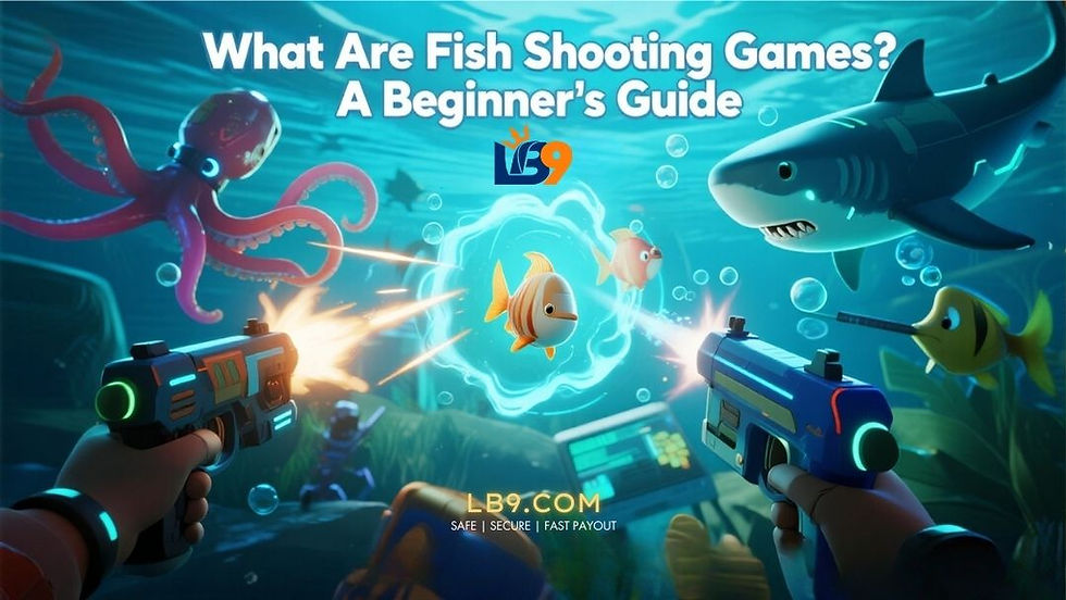 Underwater scene with fish being shot by futuristic guns. A shark and octopus are nearby. Text: "What Are Fish Shooting Games?" Mood is action-packed.