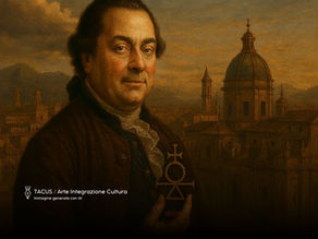 Ritratto evocativo del Conte di Cagliostro, con sguardo enigmatico e simbolo alchemico tra le mani, sullo sfondo della cupola e dei tetti di Palermo al tramonto, immagine generata con AI per TACUS Arte Integrazione Cultura