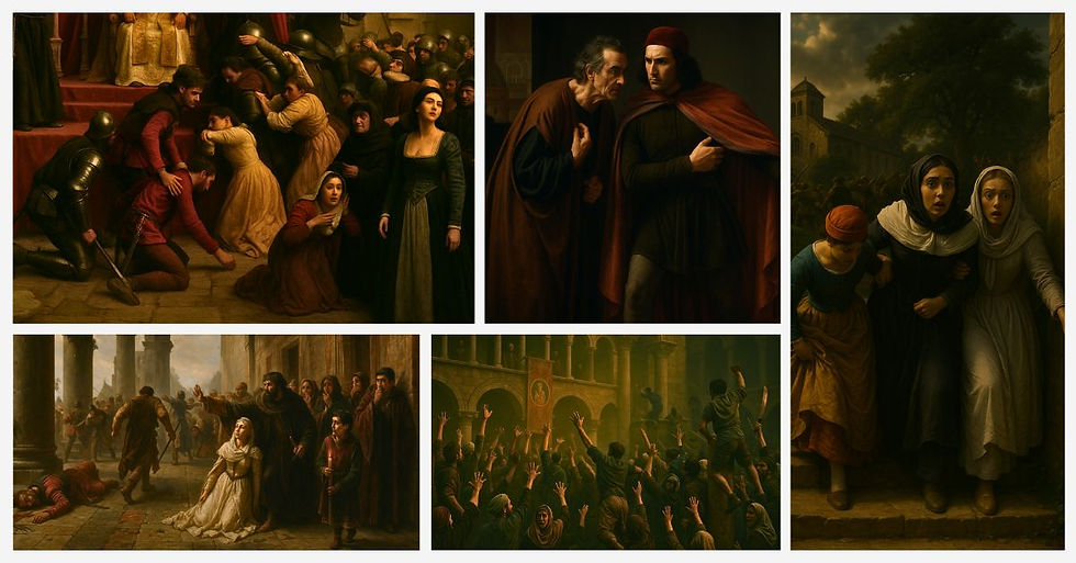 Collage ispirato ai Vespri Siciliani, composto da cinque scene drammatiche. In alto a sinistra, un gruppo di figure inginocchiate e supplicanti durante il tumulto; al centro, due uomini in abiti medievali discutono con tensione; a destra, tre donne spaventate scappano dal tumulto. In basso a sinistra, una scena caotica con una donna inginocchiata tra colonne mentre un uomo fugge dopo aver colpito un soldato francese; in basso a destra, una folla con le mani alzate si ribella sotto un loggiato con uno stendardo, evocando la rivolta popolare dei Vespri.
