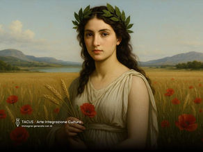 Ritratto di Persefone, giovane dea greca, in un campo dorato di grano e papaveri rossi, con un lago e colline sullo sfondo. Indossa una tunica chiara in stile greco e una corona di alloro, stringendo in mano spighe e un papavero, con espressione serena e sognante.