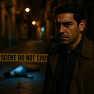 L’ispettore Alberto Rizzo, personaggio del gioco-evento Crime Night, ripreso in una scena notturna mentre indaga; sullo sfondo un corpo a terra, delimitato dal nastro della scena del crimine, in un’atmosfera carica di tensione e mistero