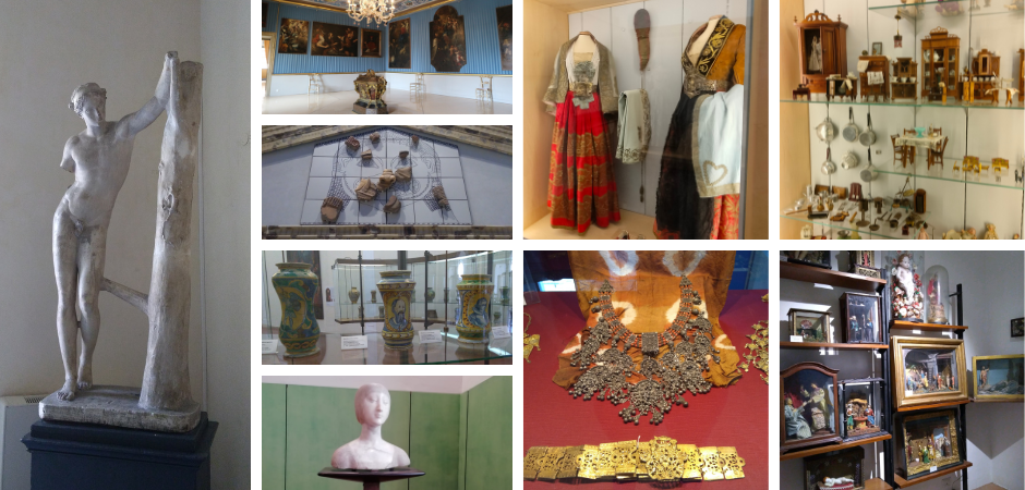 Collage di esposizioni museali siciliane: statue classiche, sale affrescate, costumi tradizionali, gioielli antichi, ceramiche, presepi e miniature