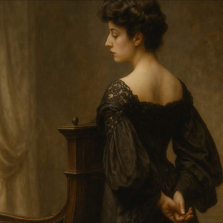 Ritratto evocativo di Donna Franca Florio, icona della Belle Époque palermitana, raffigurata in abito scuro con raffinati dettagli in pizzo, simbolo di eleganza e malinconia