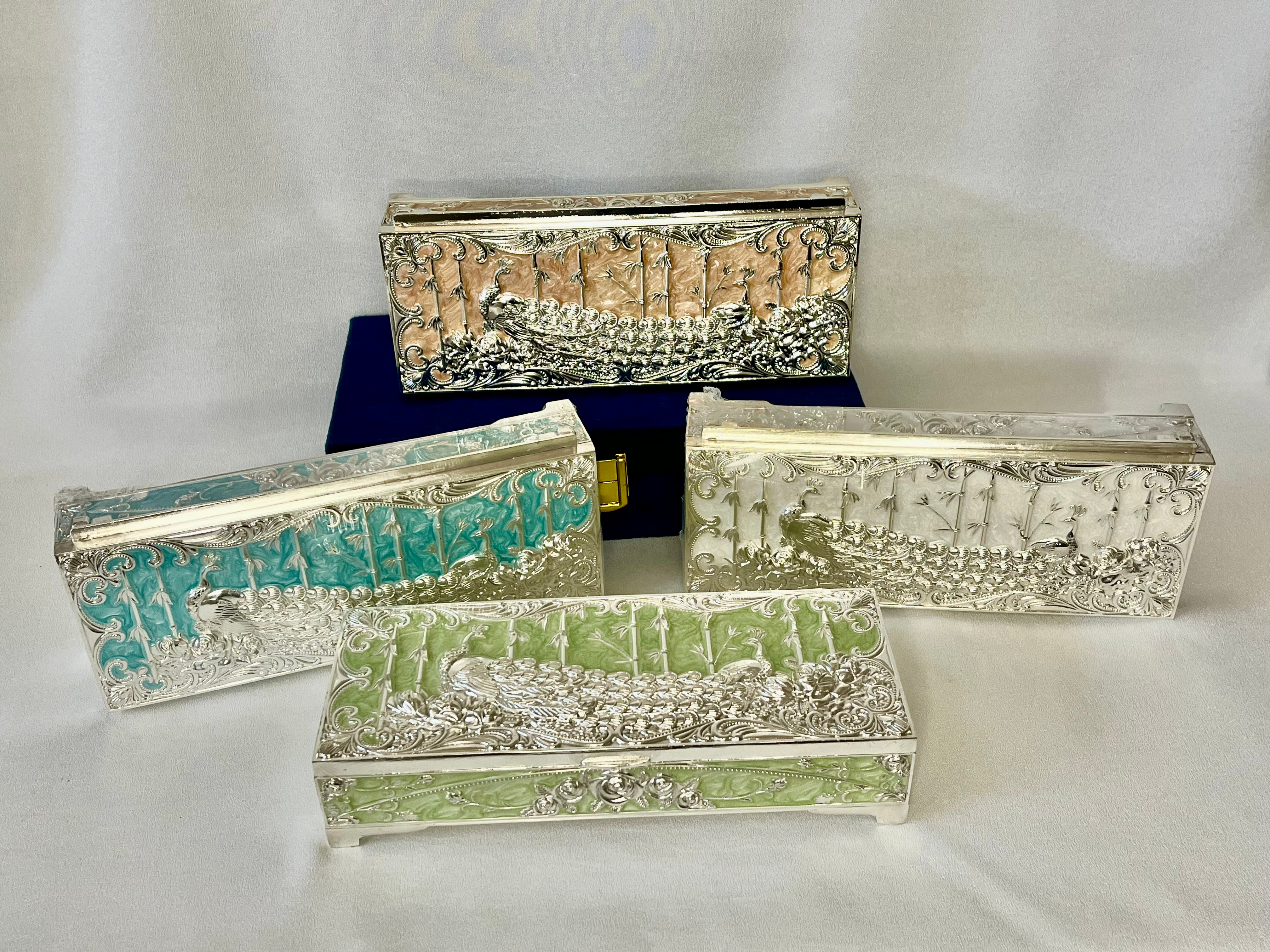 9" Peacock Rectangular Germán Silver Enamel Boxes
