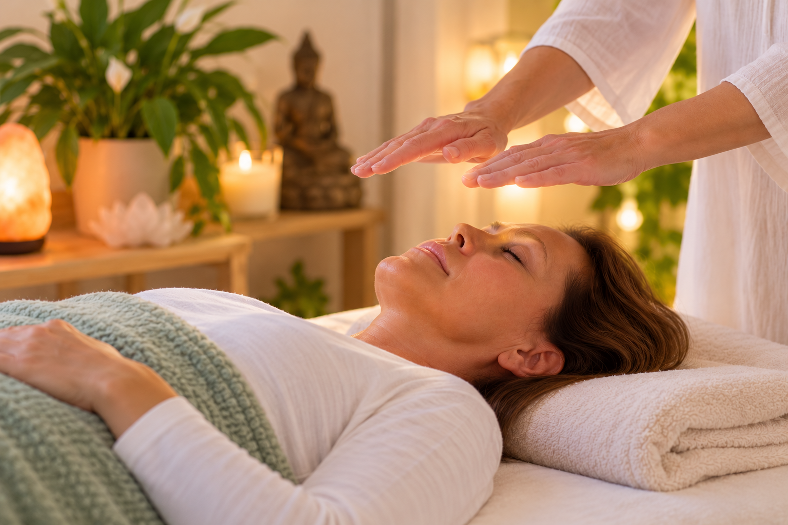 Relaxing Reiki treatment with practitioner’s hands held gently above a client