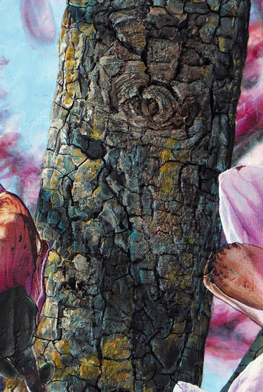 Tronc d'arbre d'un magnolia peint à l'acrylique. Ce tronc de couleur brun comporte un peu de mousse verte et jaune ainsi que beaucoup de texture, le tout réalisé à l'aide de médiums mixtes.