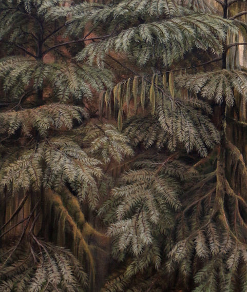 Details of conifers in the forest from a painting for interior decoration. Landscape of nature and wood.