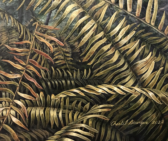 Peinture d'un paysage et d'une forêt plaine de fougères jaunes. Détails des feuilles dorées des plantes agissants comme couvre-sol de la forêt.