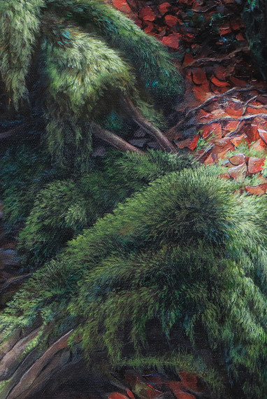Peinture réalisée par l'artiste peintre Chantal Bourque, représentant un sous-bois. Le boisé est couvert de racines et mousse verte. Les arbres représentés sont des cèdres.