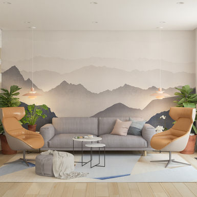 Custom-printed wallpaper with a mountain scene