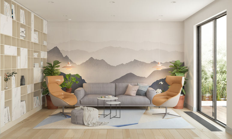 Custom printed wallpaper with a mountain scene