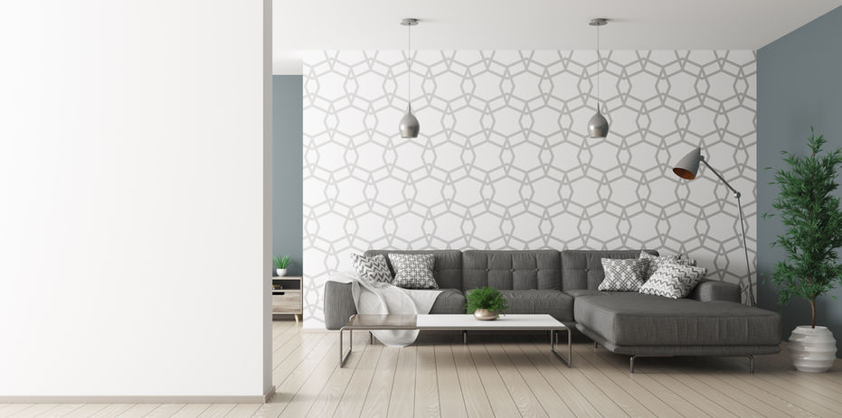 Custom-printed wallpaper in a condo hallway with a modern pattern