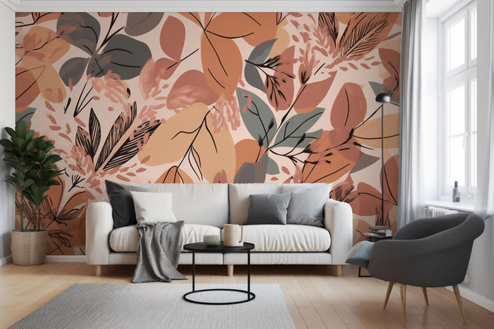 Custom-printed wallpaper in a lobby with leaves