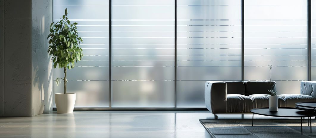 Custom-printed privacy window film in an office with a striped pattern