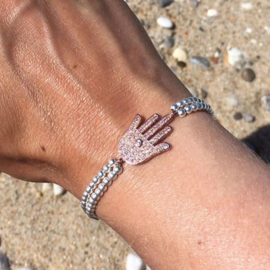 Thumbnail: Rose Gold Hand of Fatima Charm Bracelet with Sterling Silver Beads