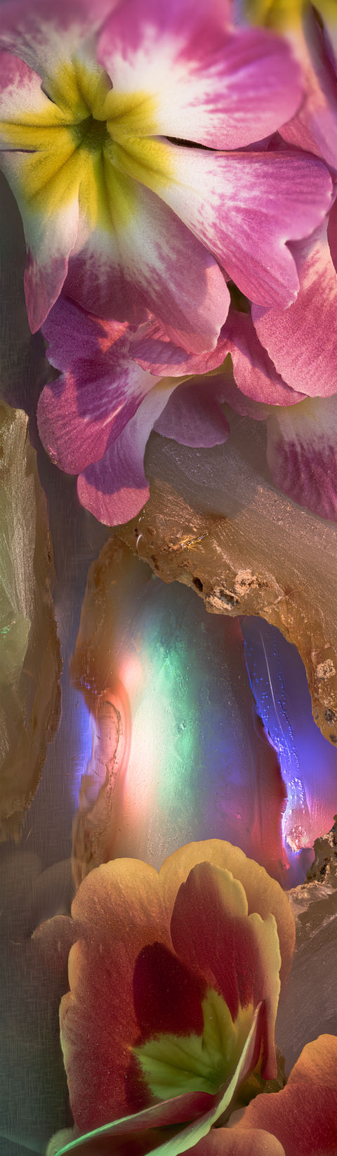 Art, Primrose, Flower, Rock, Agate, Carnelian, Water, Indoor, Landscape, Horizontal, Panoramic, Petal, Stigma, Style, Focus Stacked, Cool, Pink, yellow, Blue, White, Green, Brown, Red, Texture, Dreamy