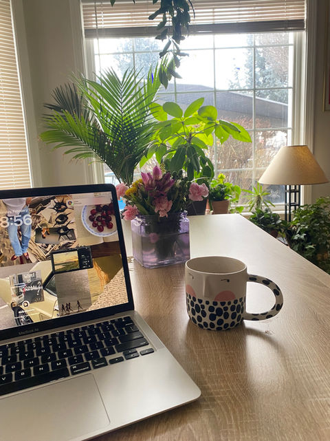 home office with flowers and coffee