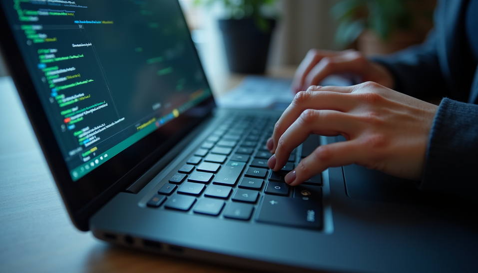 a woman typing on a laptop