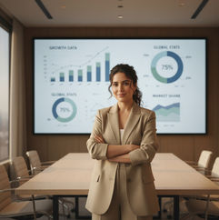 women in a boardroom presenting stats