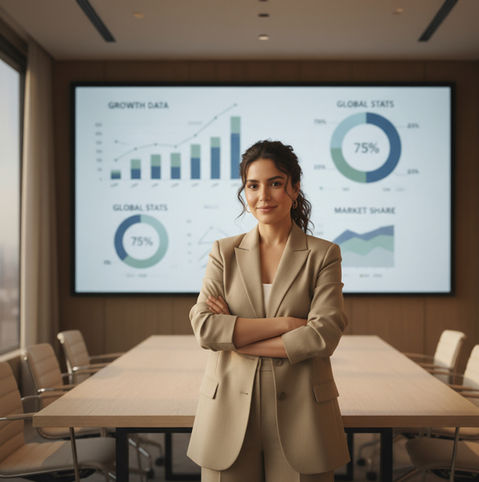 women in a boardroom presenting stats
