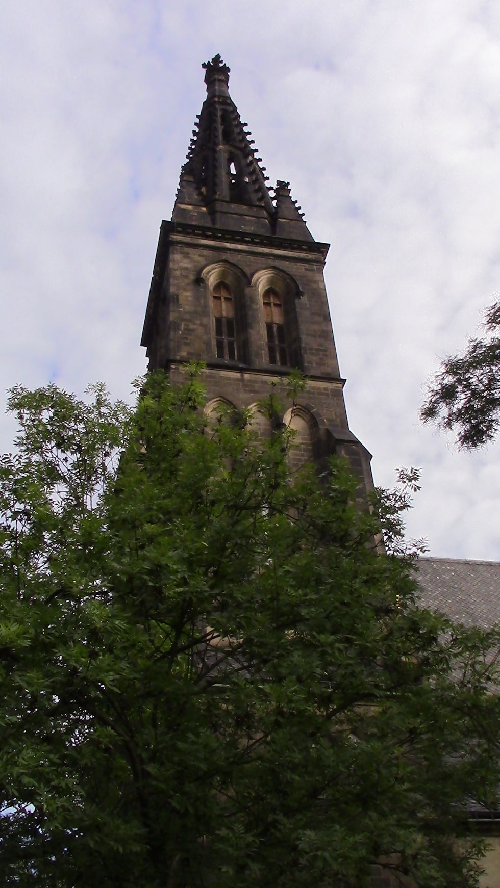 Church spire on castle grounds