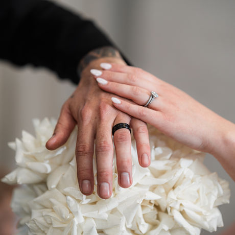 Casey and Bradley wedding rings on bridal bouquet - Aurora Photography Sydney
