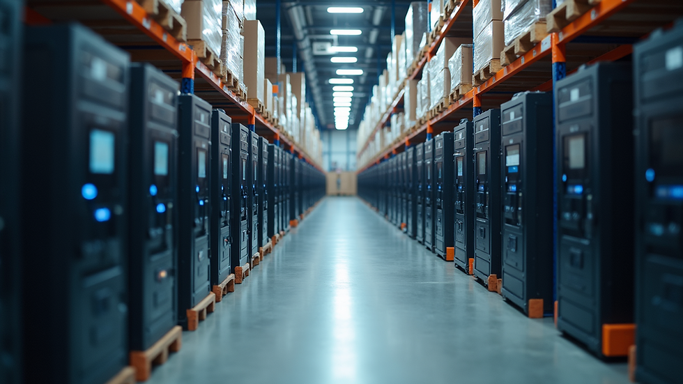 High angle view of a logistics warehouse filled with IT equipment