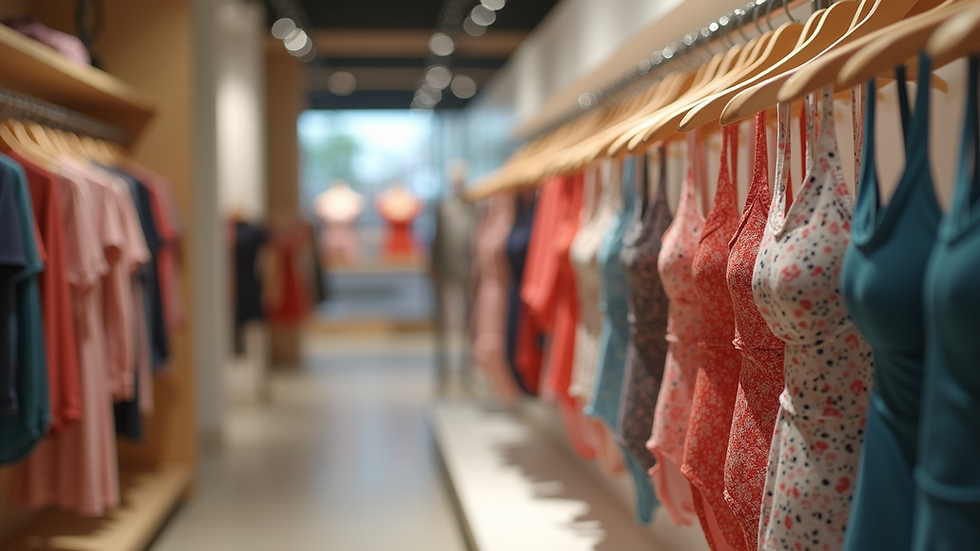 Eye-level view of a modern swimwear display rack in a retail store